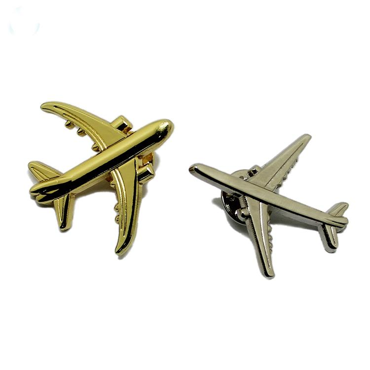 Alfinete de lapela de metal de avião 3D dourado e prateado